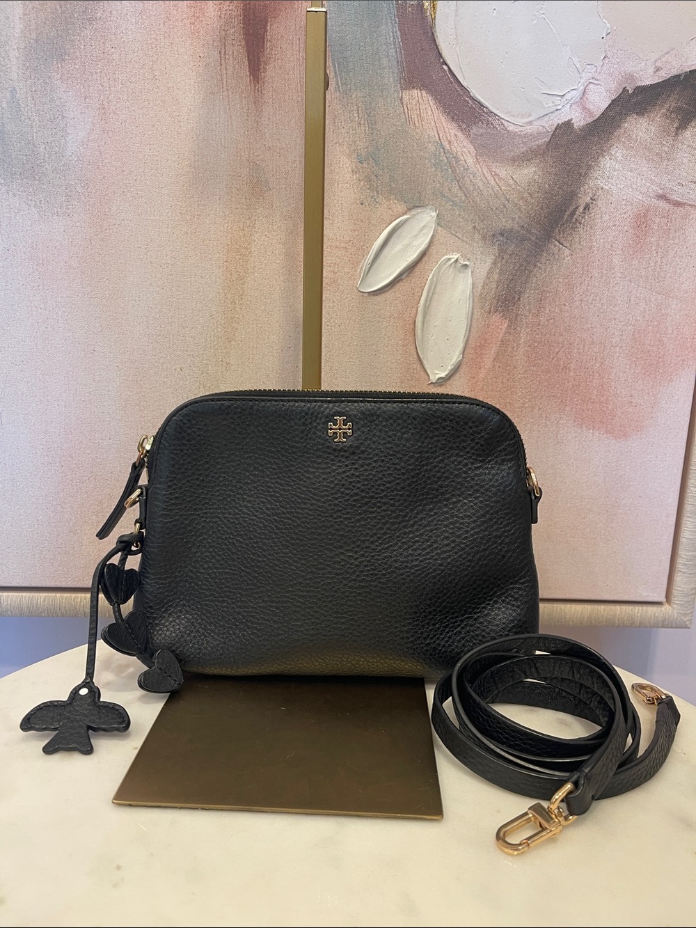 Tory Burch Black Peace & Love Leather Crossbody with Gold Hardware